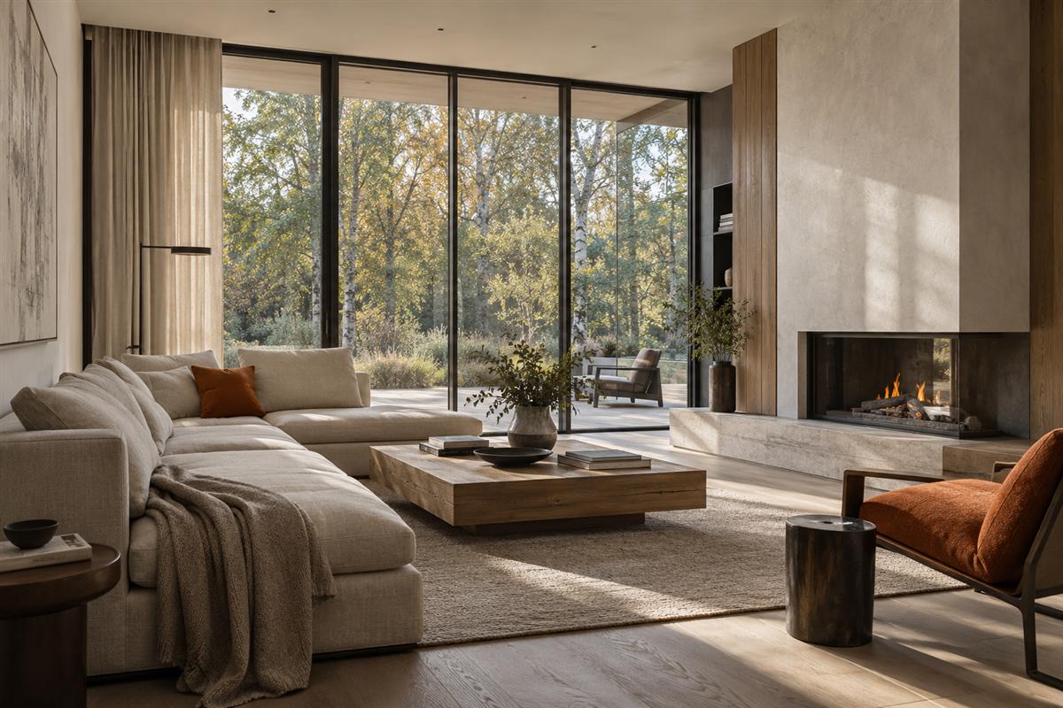 Гостиная виллы с панорамными окнами и натуральными материалами — ИИ-концепция